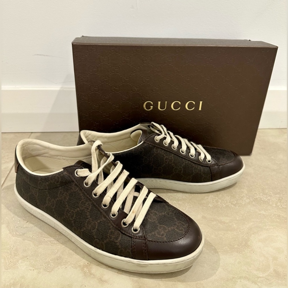 Gucci Chocolate Brown Guccissima Coated Canvas and Leather Low Top Sneakers, 38 - Picture 1 of 13